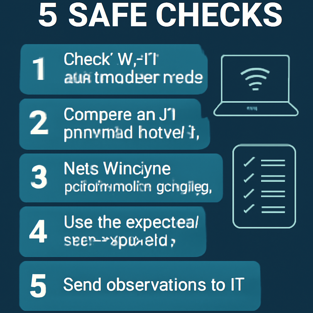 Original infographic: check basics, compare an approved network, note Windows updates, use the expected sign-in prompt, and send observations to IT.