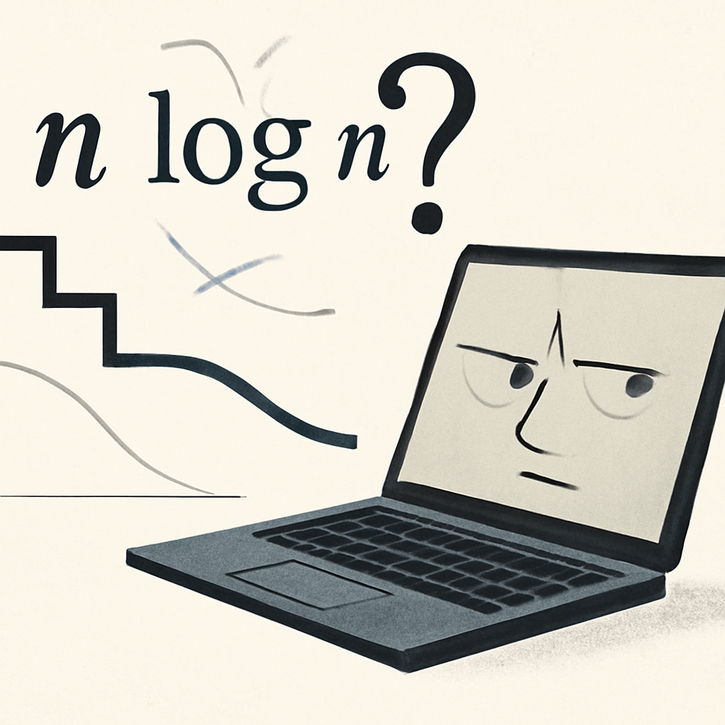 A laptop beside abstract mathematical notation and a staircase-like graph descending toward a lower curve.