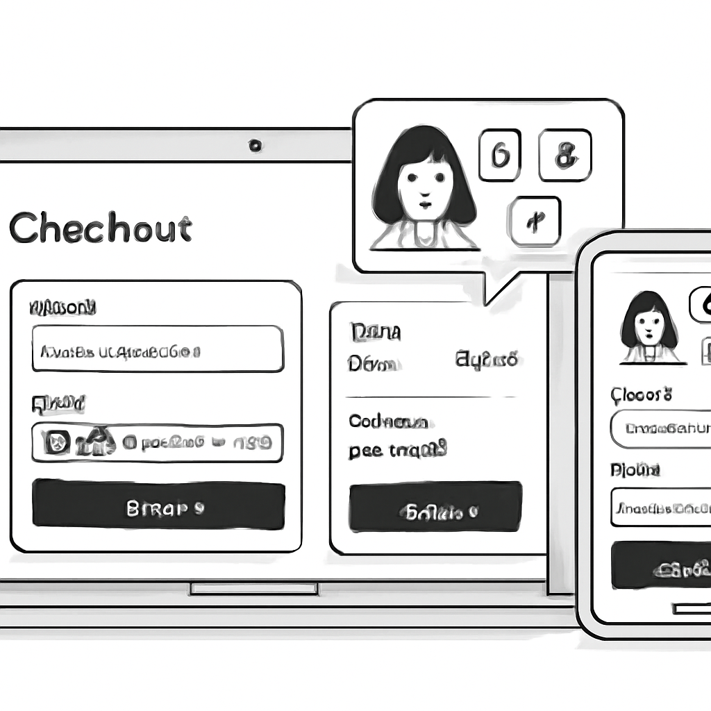 An e-commerce checkout interface on a laptop and phone showing an AI assistant workflow with privacy, approval and spending controls.