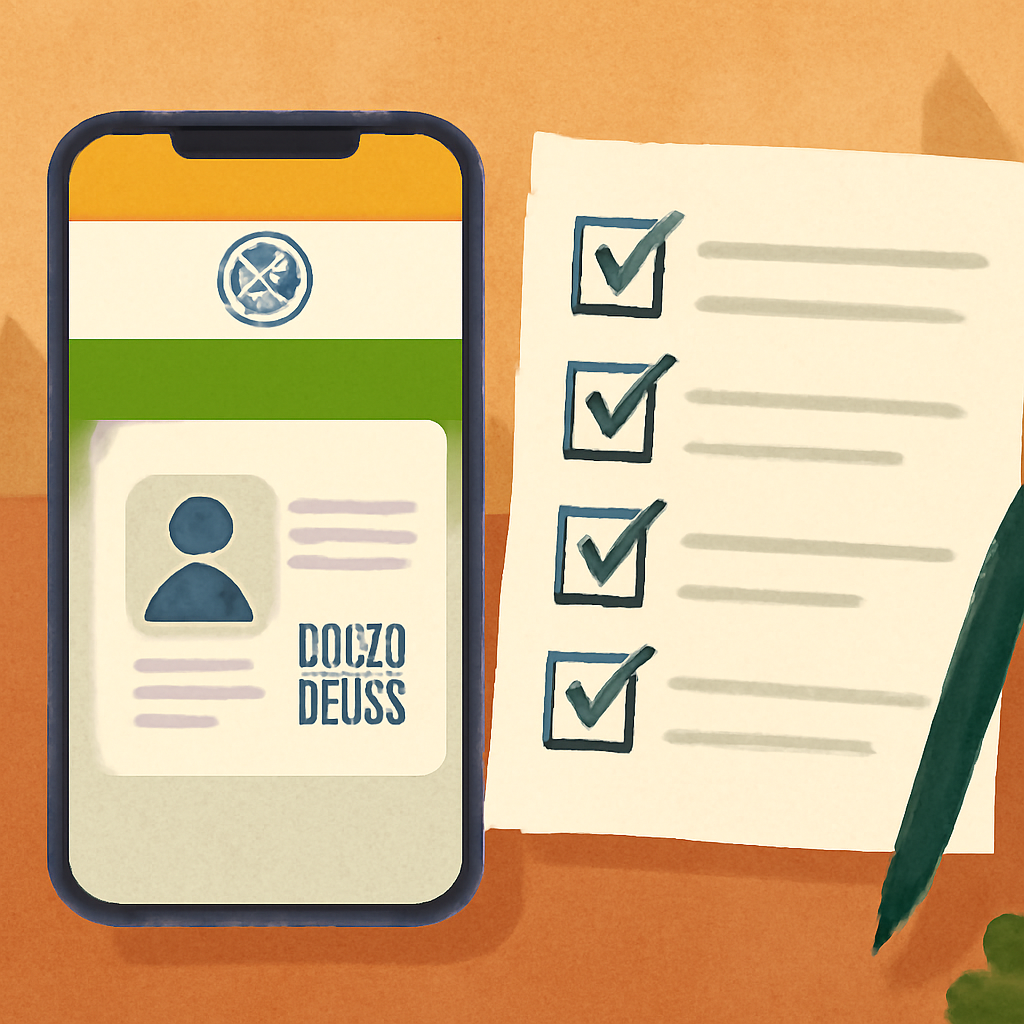 A smartphone showing a government identity app interface beside a checklist.