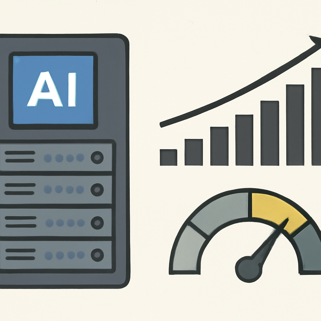 An AI server rack dashboard beside an upward revenue chart and a margin gauge.