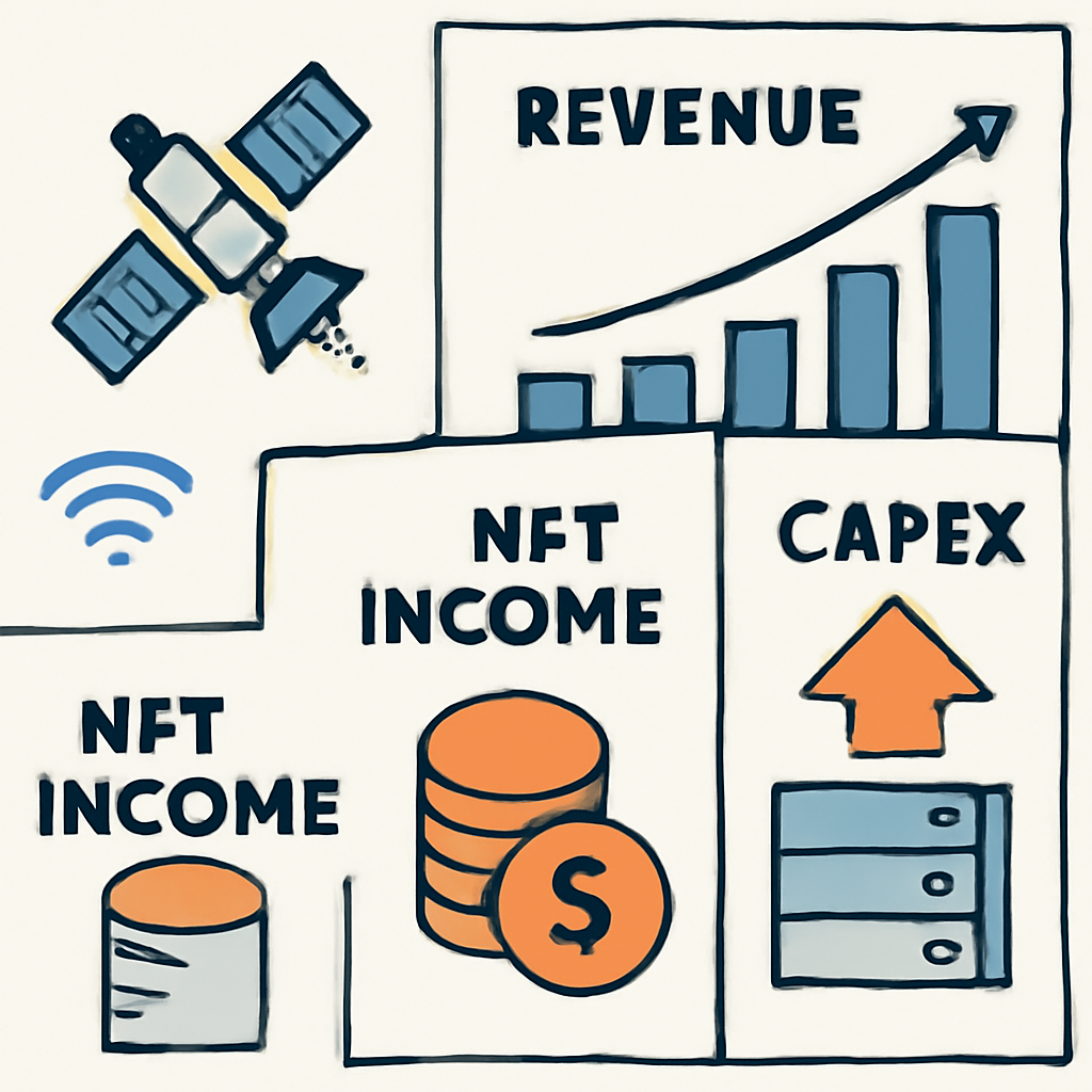 A financial filing with separate panels for revenue, operating profit, net income and capex, alongside satellite, connectivity and compute infrastructure motifs.