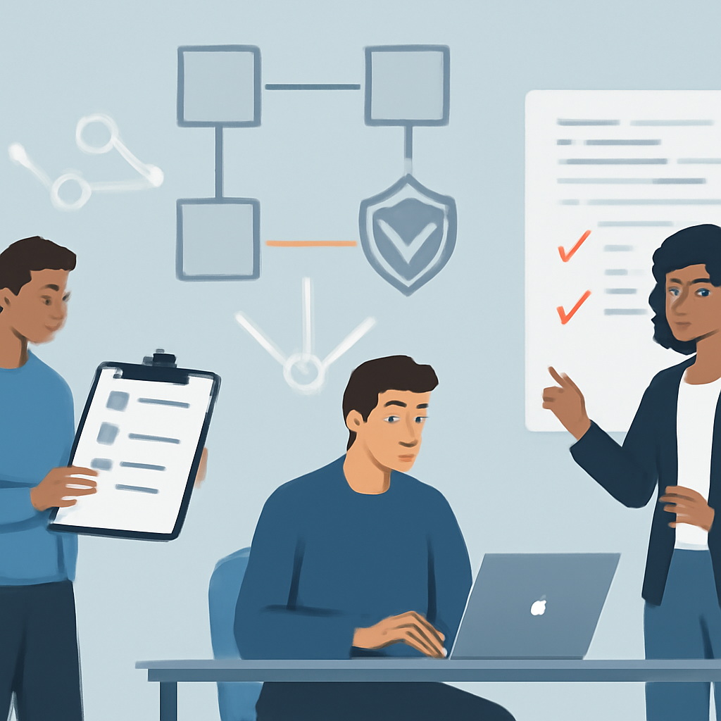 Illustration of a software maintenance team reviewing a deployment checklist and a network certificate-trust diagram.