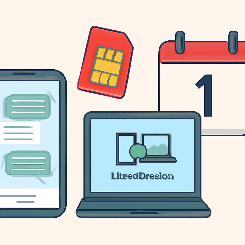 A clean editorial illustration of a smartphone showing a messaging app, a SIM card, a laptop with linked devices, and a calendar marked January 1, with an Indian telecom compliance theme, modern flat style, no text labels.