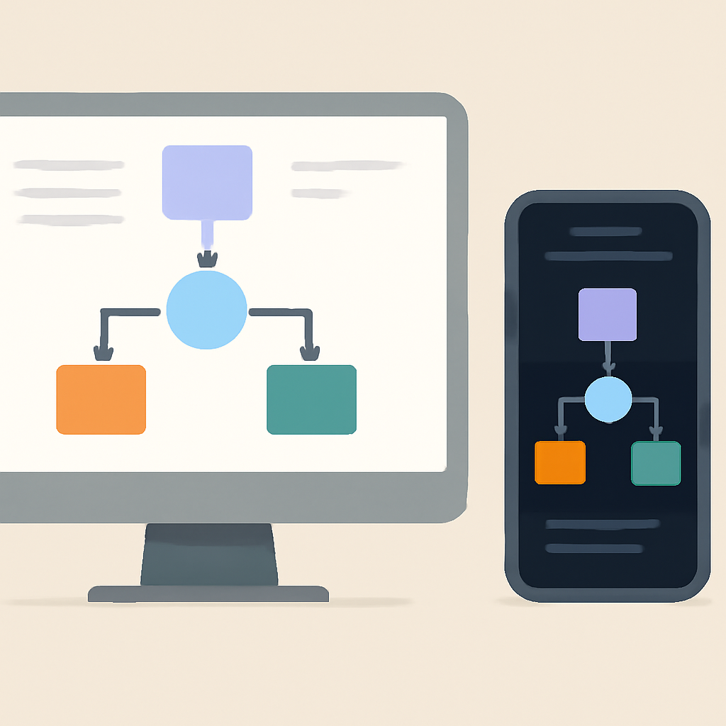 Clean conceptual editorial illustration of desktop and mobile documentation screens showing the same generic flowchart with different layout and light/dark themes, alongside a small checklist; no logos, no tiny text, no actual product UI, no benchmark cues.