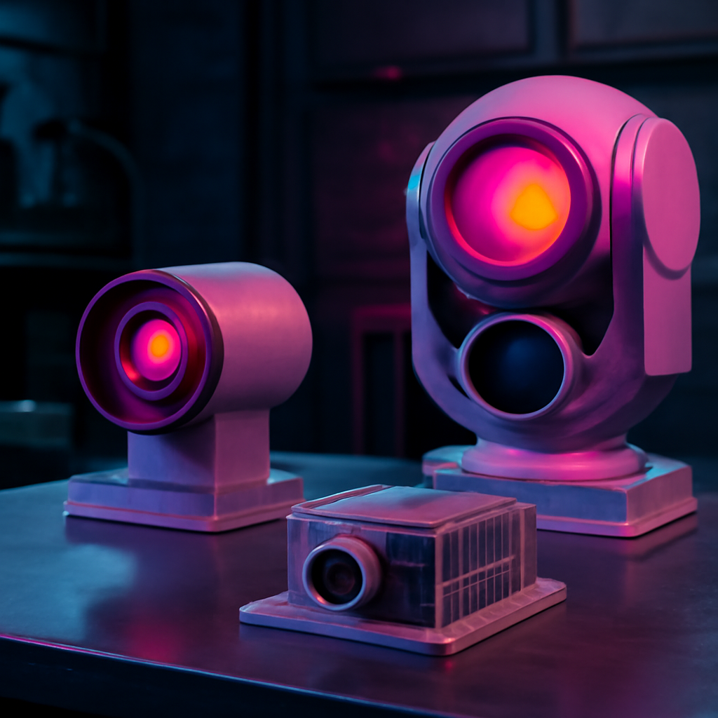 A neutral engineering scene showing thermal and electro-optical sensing hardware on a test bench with a dark industrial background, subtle infrared-style gradients, clean technical lighting, no labels or text