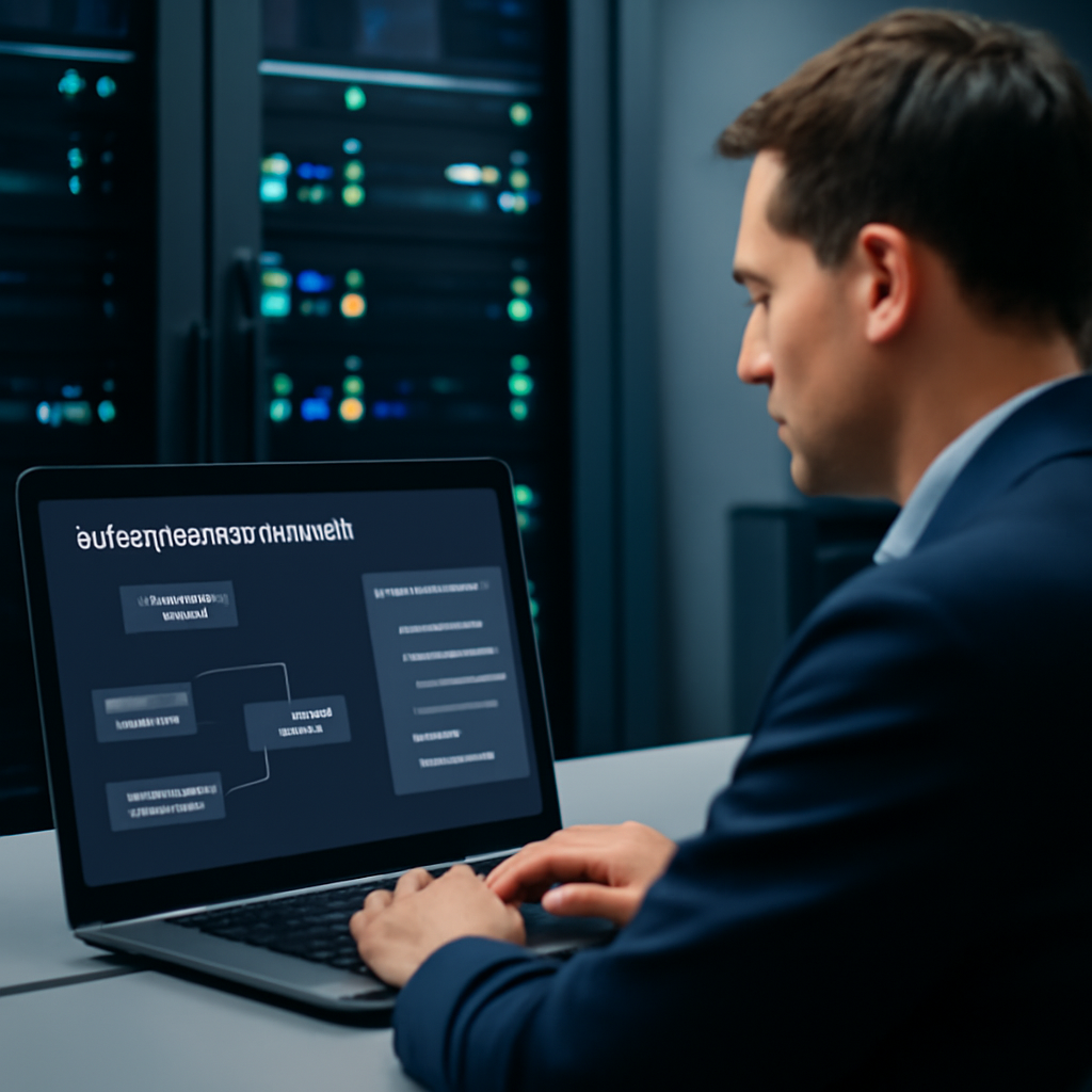 A professional cybersecurity operations scene showing a laptop with certificate chain validation diagrams, server rack lights, and a calm analyst reviewing PKI status on a clean dashboard, realistic corporate style, no logos, no hacker imagery, no text overlays