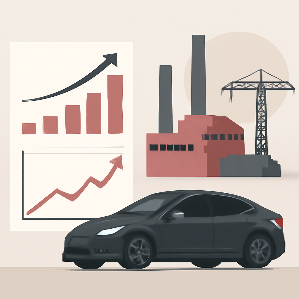 An electric-car company earnings scene with cash-flow charts and factory investment imagery.