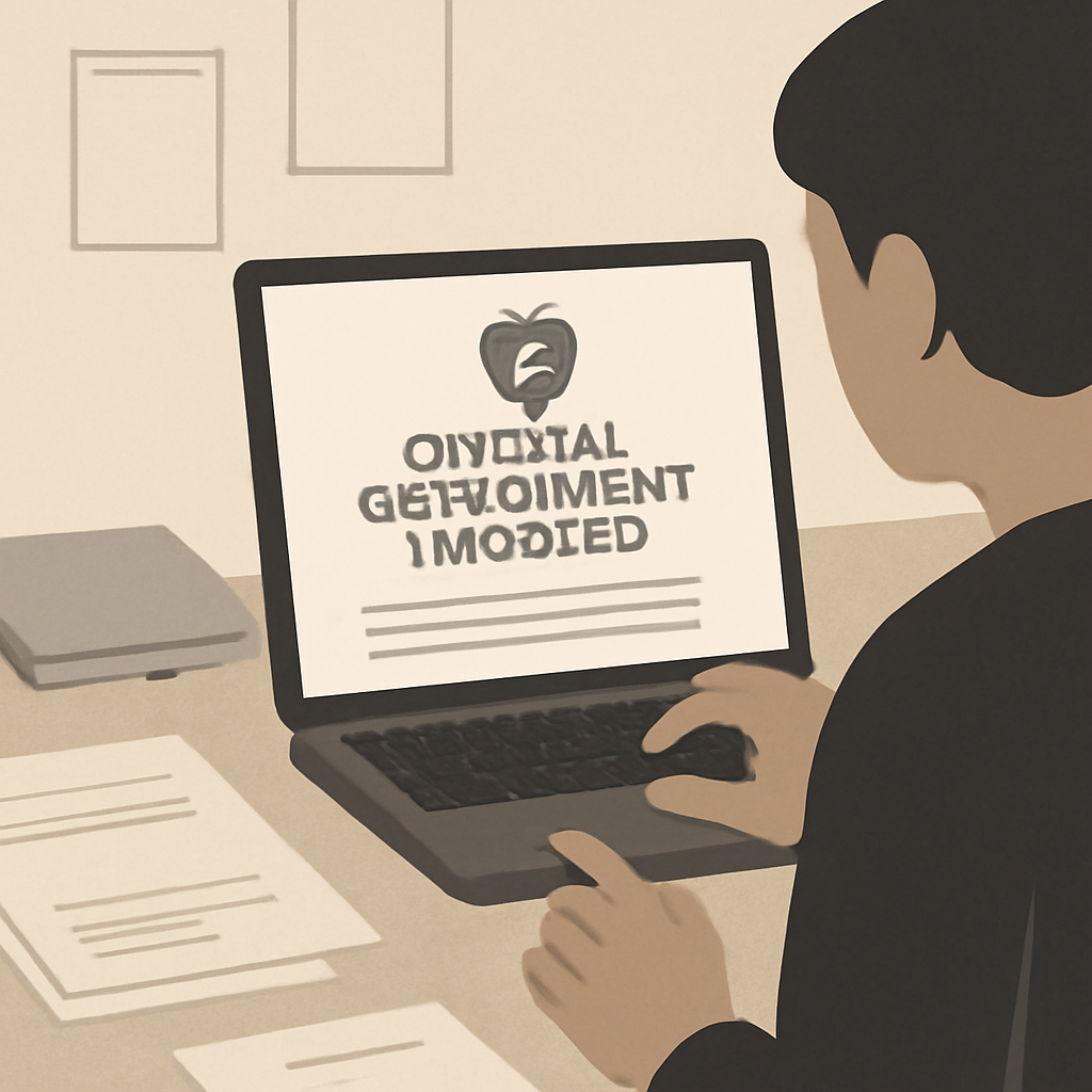 A person reviewing a government records notice on a laptop at a desk.