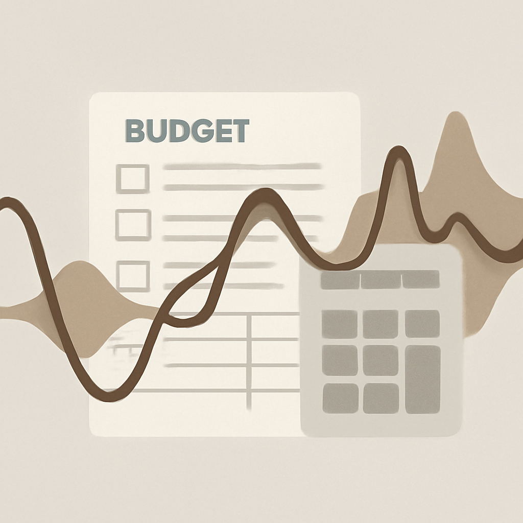 Voice-wave lines crossing a budget worksheet with checkboxes, rate rows and calculator-like shapes.
