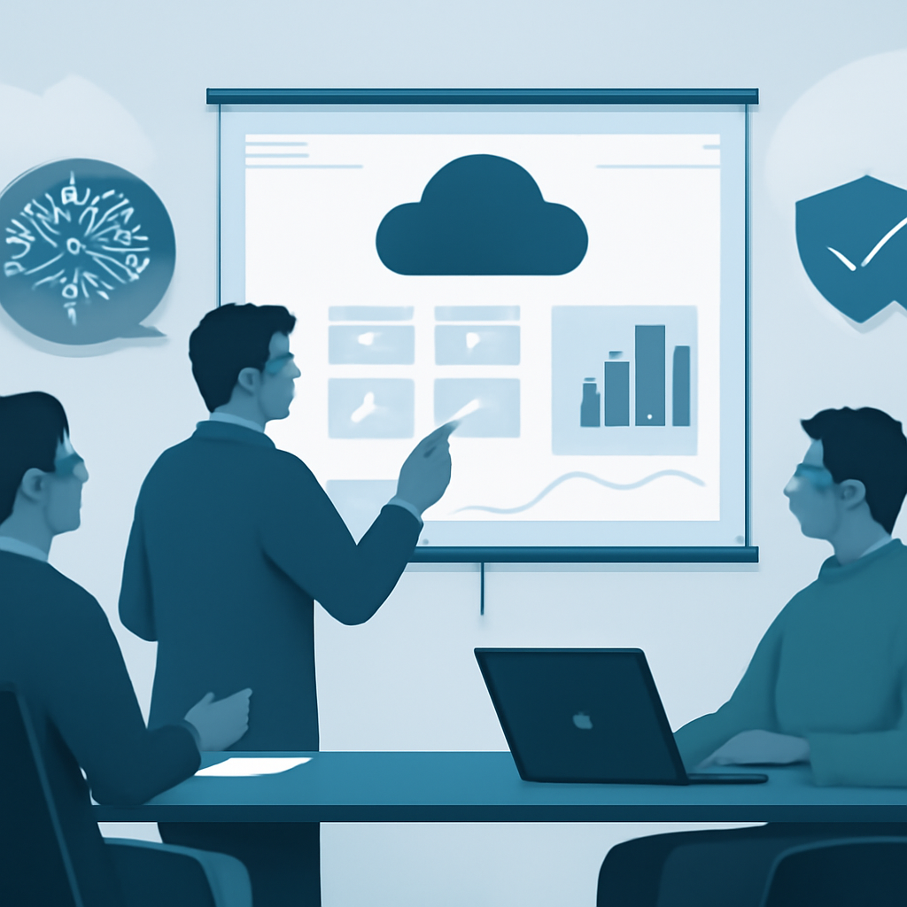 A procurement leader, security lead and platform architect reviewing a cloud marketplace dashboard on a large screen.