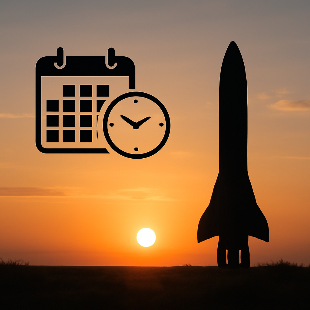 Conceptual rocket silhouette at sunrise beside a simple calendar and clock, no logos, no exact vehicle details, no fake launch photo, no readable text, realistic but clearly illustrative, not evidence of completed launch.
