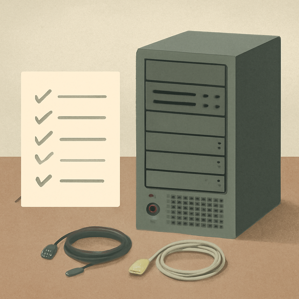 A conceptual editorial illustration of a home server on a desk beside a paper version-check checklist, practical storage cables, muted colors, no text labels, no logos, no UI, no attack code