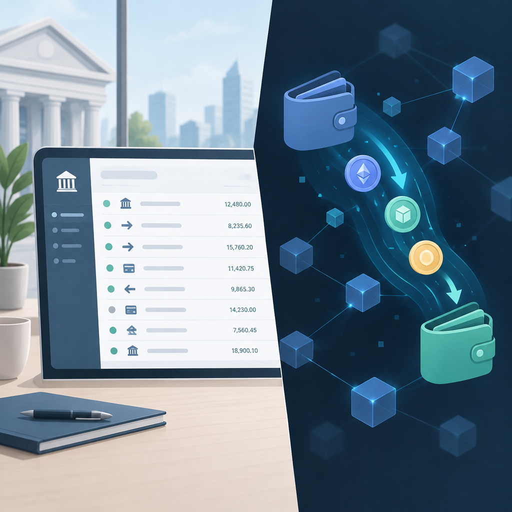 Conceptual illustration of a bank deposit ledger beside a digital wallet transfer.