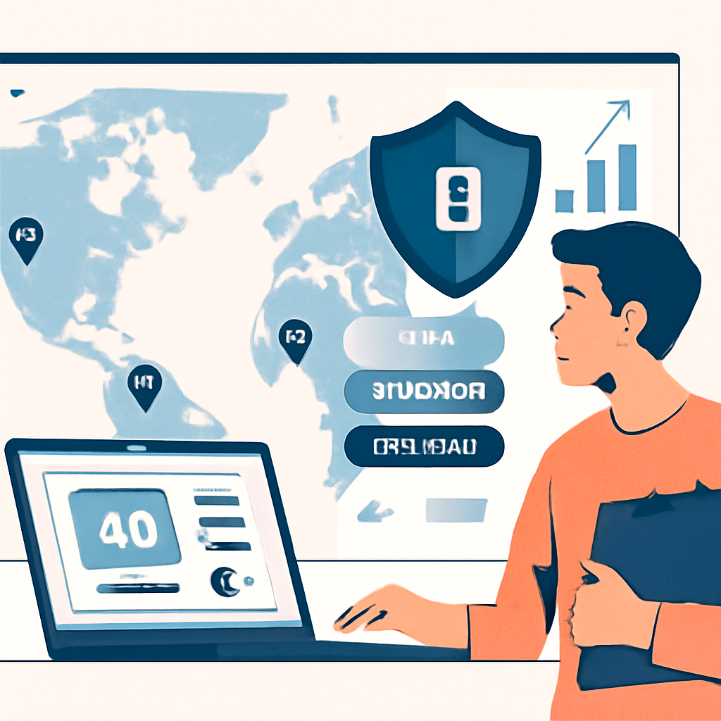 A digital marketer reviewing a global ad dashboard with a world map and privacy shield icon, beside a laptop showing campaign settings.