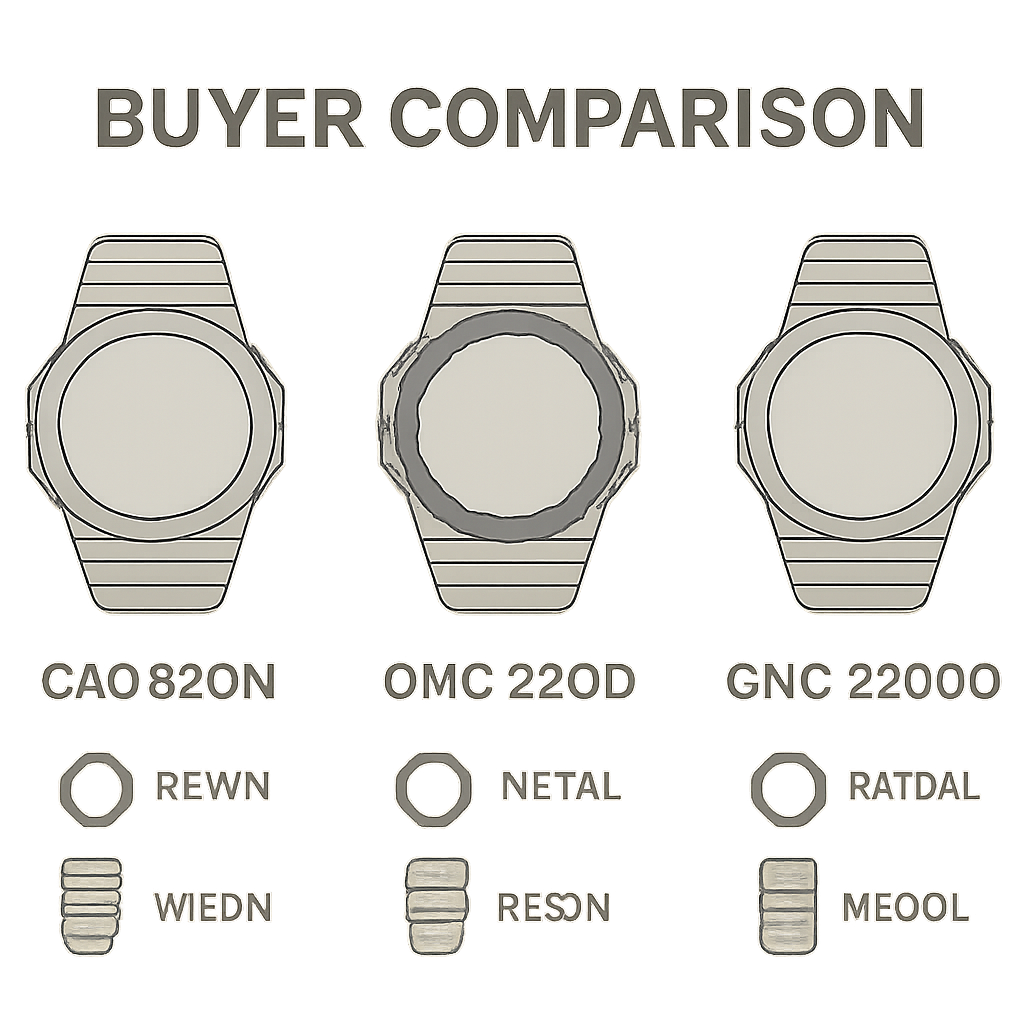 A comparison chart of the GAC-2500, GMC-2500 and GMC-2500D watch families, with case and band materials.