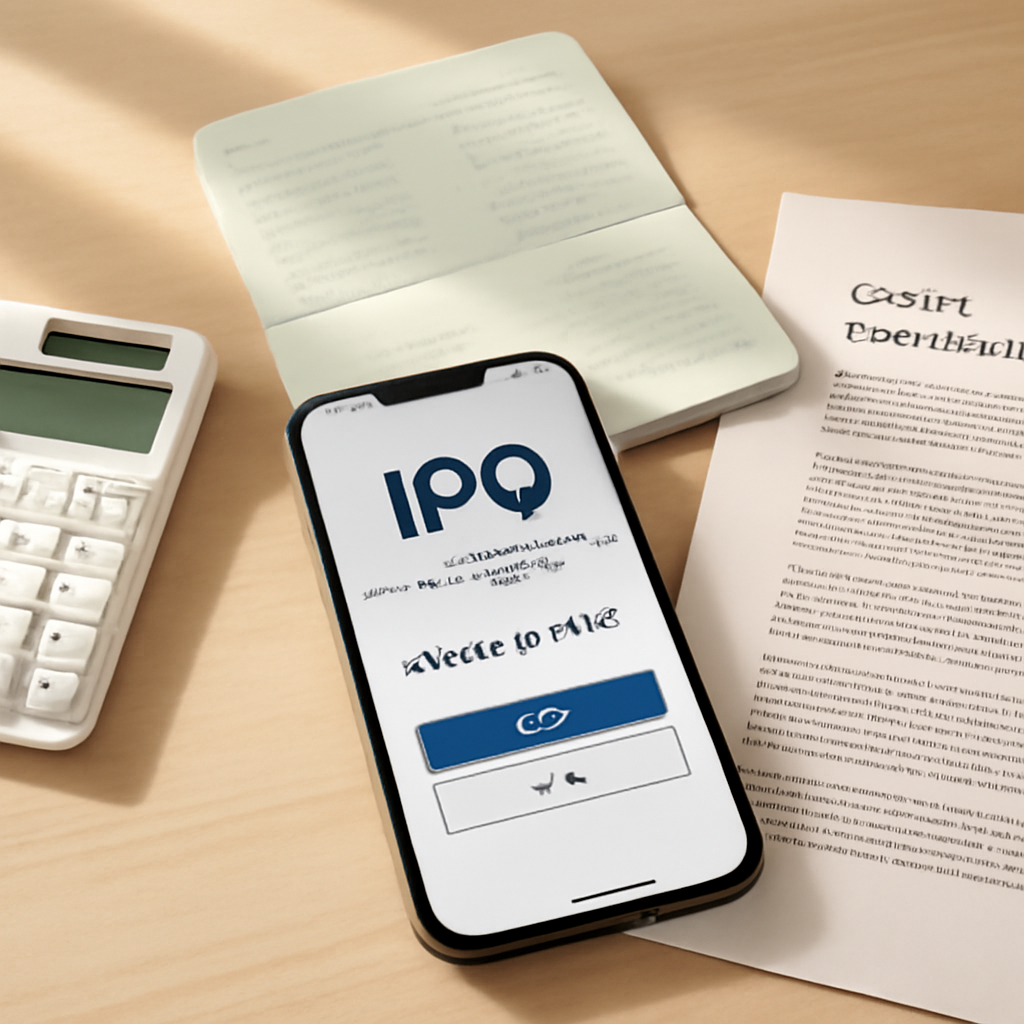 A clean financial desk scene with a smartphone showing an IPO application screen, a calculator, bank passbook, and printed offer documents, in soft natural light.