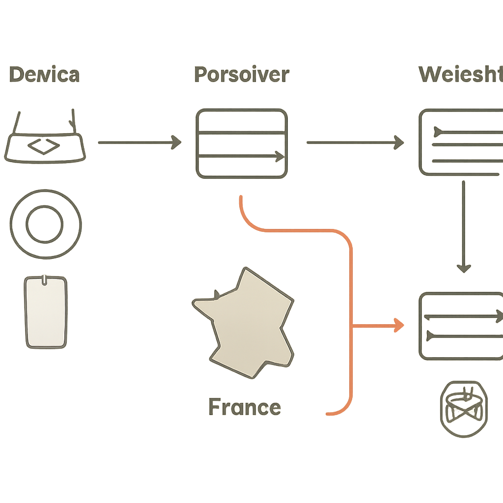 DNS requests flowing from a device through a resolver to a website, with a branch for France-based users changing resolvers and icons for routers, browsers, mobile devices, encrypted DNS and VPNs.