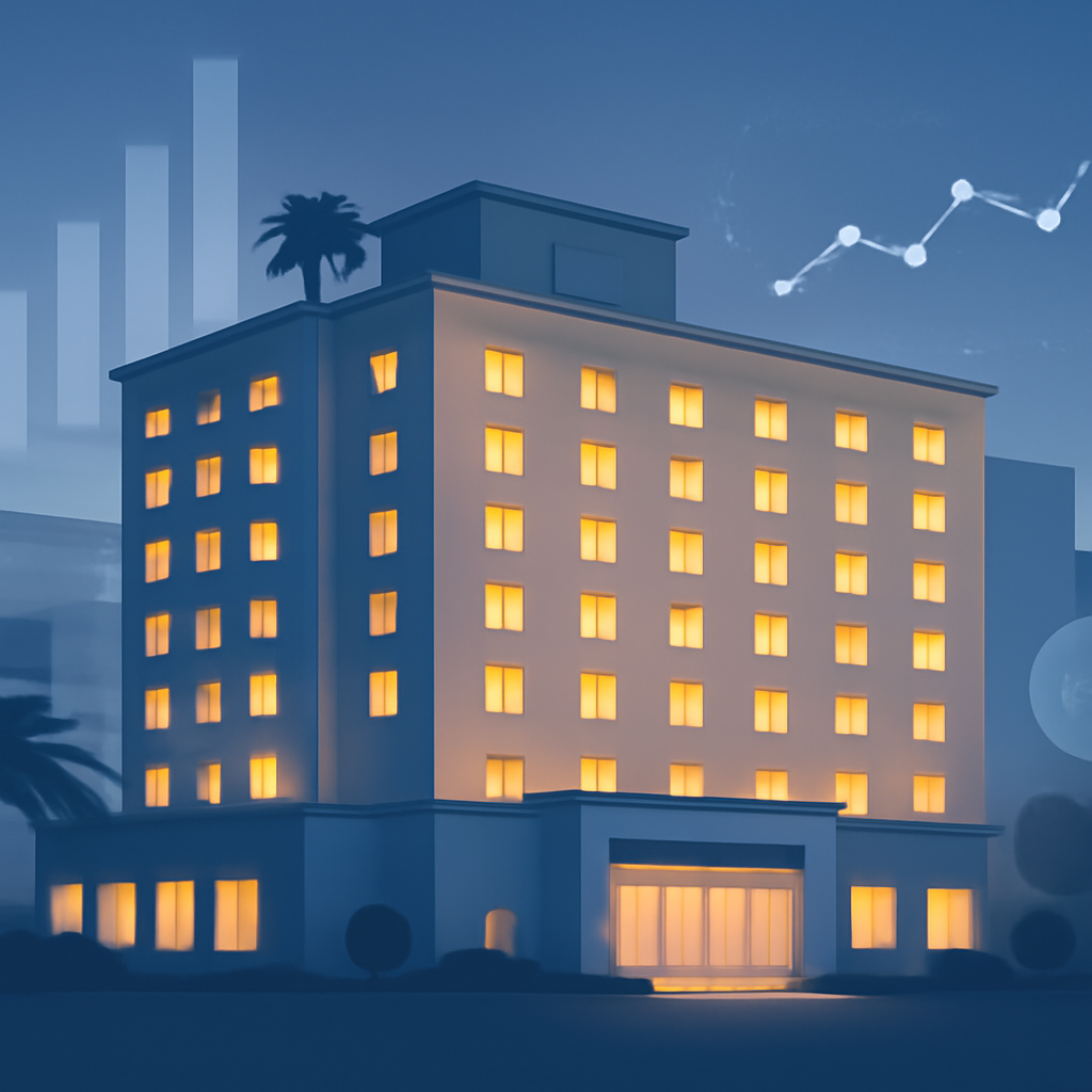 A modern Indian luxury hotel at dusk with chart motifs and room-rate and occupancy indicators.
