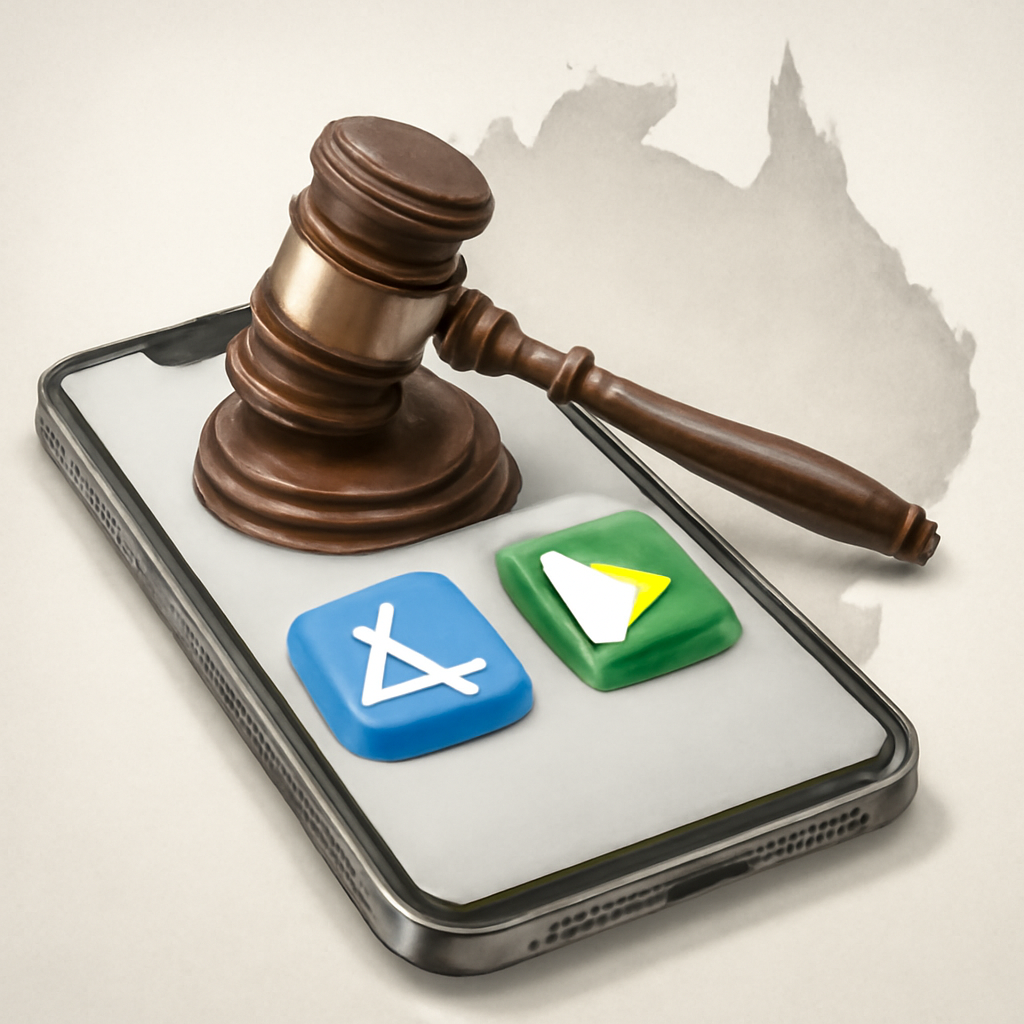A smartphone interface for app distribution and payments beside a courtroom gavel, app-store icons and an outline of Australia.