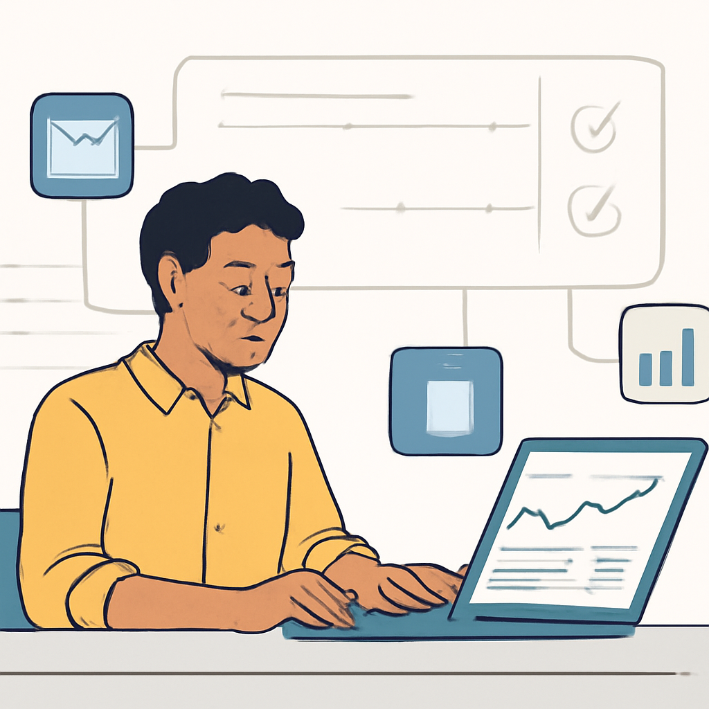 A small business owner reviewing a laptop dashboard with connected app icons, approval checkboxes and a workflow timeline.
