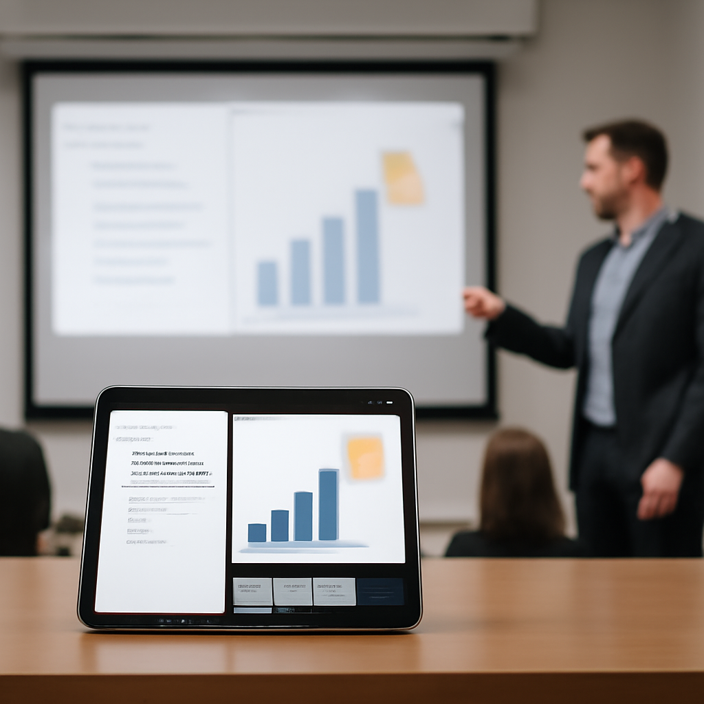 An iPad on a desk beside a projection screen in a meeting room.