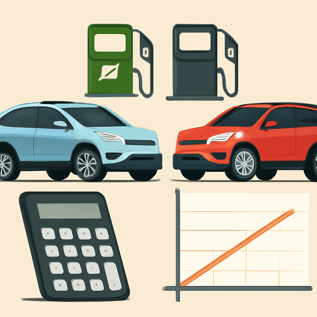 A clean editorial illustration of a hybrid SUV and a petrol SUV parked side by side beside a calculator, fuel pump icons, and a simple payback chart, modern flat style, no text labels