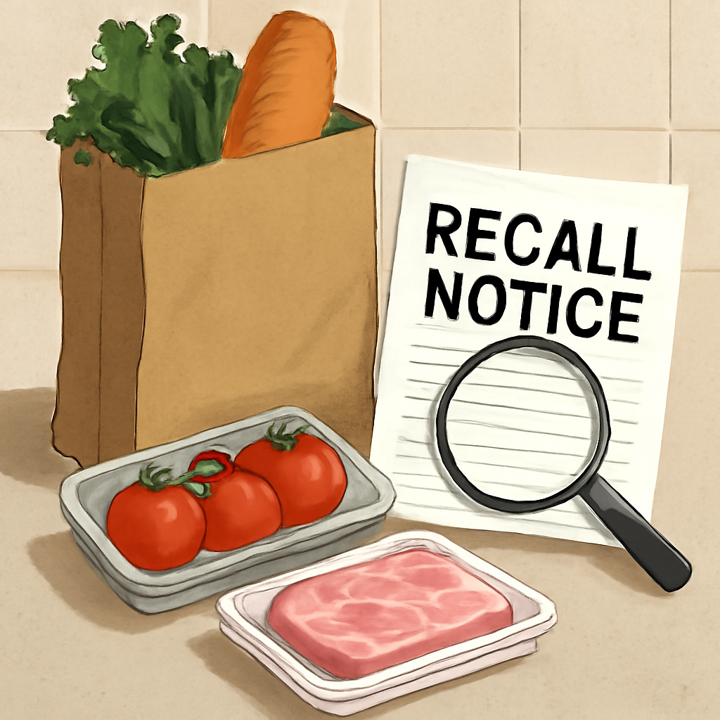 Illustration of a grocery bag, packaged food, a printed recall notice, and a magnifying glass on a kitchen table.