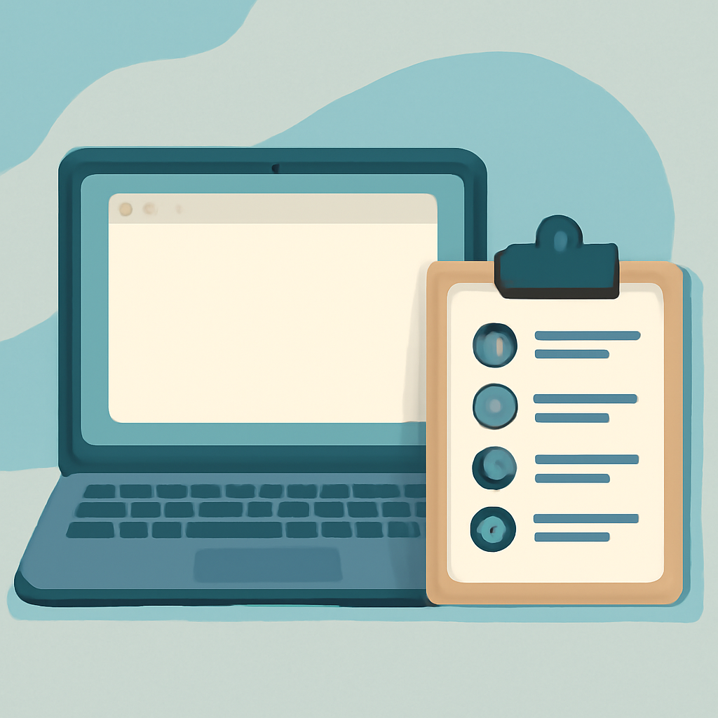 Conceptual editorial illustration of a laptop with a blank application pane beside a version-and-build checklist, calm blue and neutral palette, mobile-friendly crop, no real Apple logo, no fabricated UI screenshot, no visible text labels, no claim of tested repair.