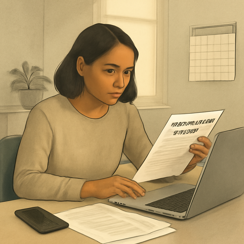 A student loan borrower reviewing a notice on a laptop beside a phone, paperwork and a calendar.