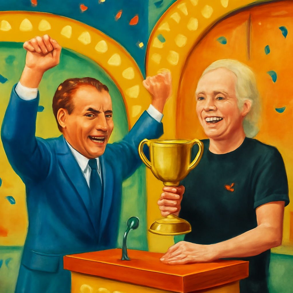 Original editorial illustration inspired by television trivia and a million-dollar prize. This is an illustration, not an archival photograph of the winning episode.