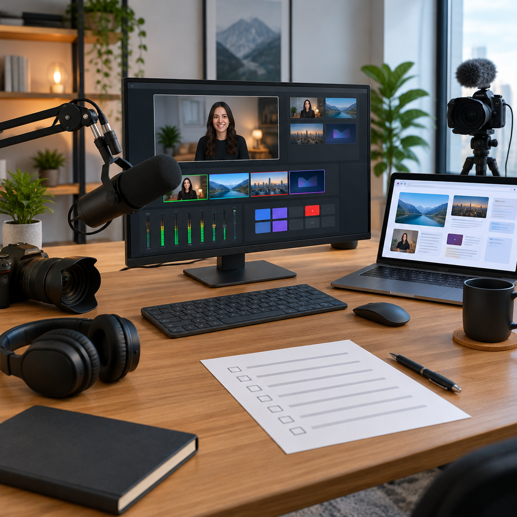 Wide editorial illustration of a creator desk for live production, with a monitor showing streaming controls, a microphone on an arm, browser-style panels, camera gear, and a printed plugin checklist on the desk; clean modern workspace, realistic lighting, no text, no logos, no screenshot UI, no tiny details.