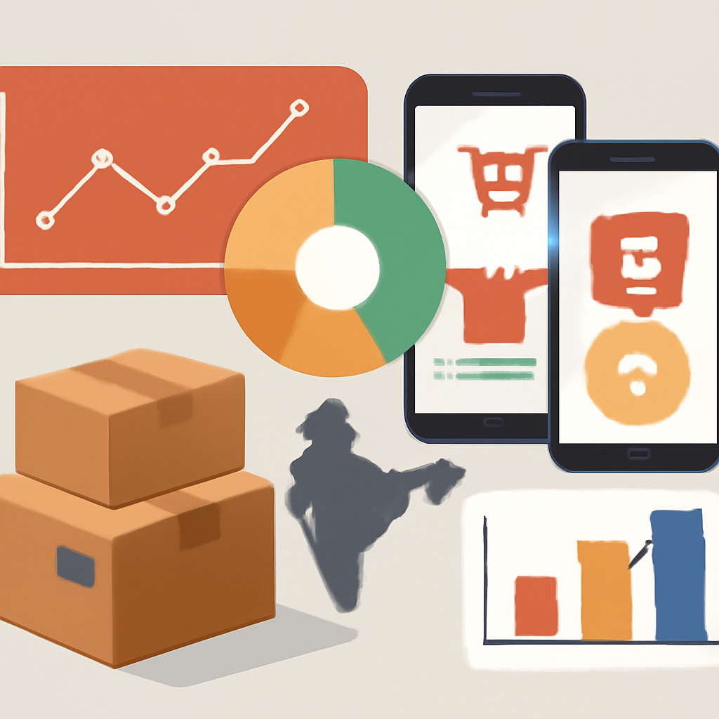 Festive e-commerce analytics in India, with overlapping dashboards, shopping app screens, delivery parcels and comparison charts.
