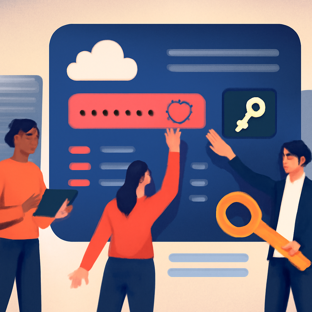 A cloud incident-response team rotating secrets on a dashboard, with abstract server and lock visuals.
