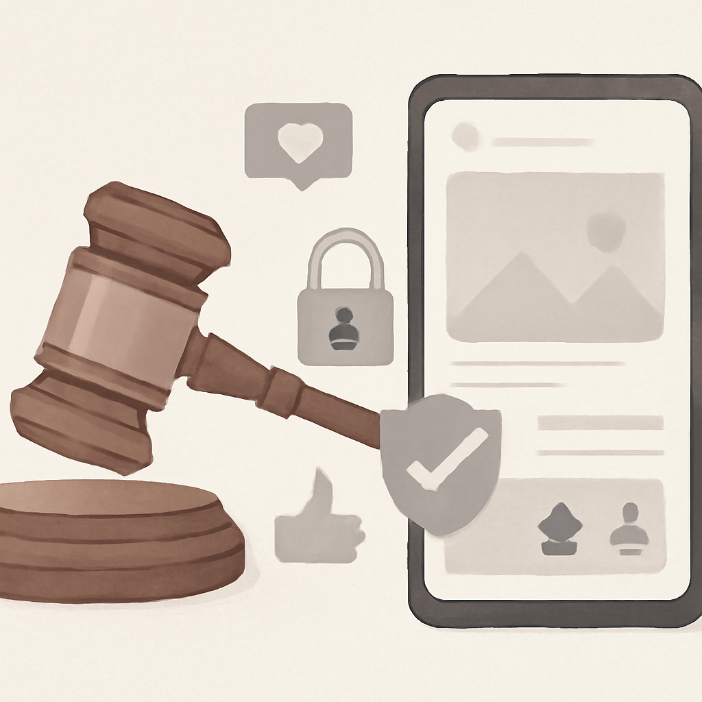 A courtroom gavel beside a smartphone and social media interface elements.