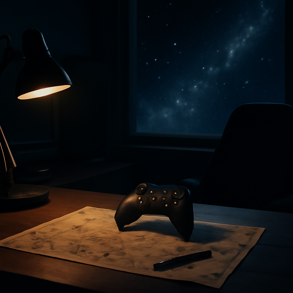 A game-studio desk with a controller, story-map notes and a distant sci-fi starfield.