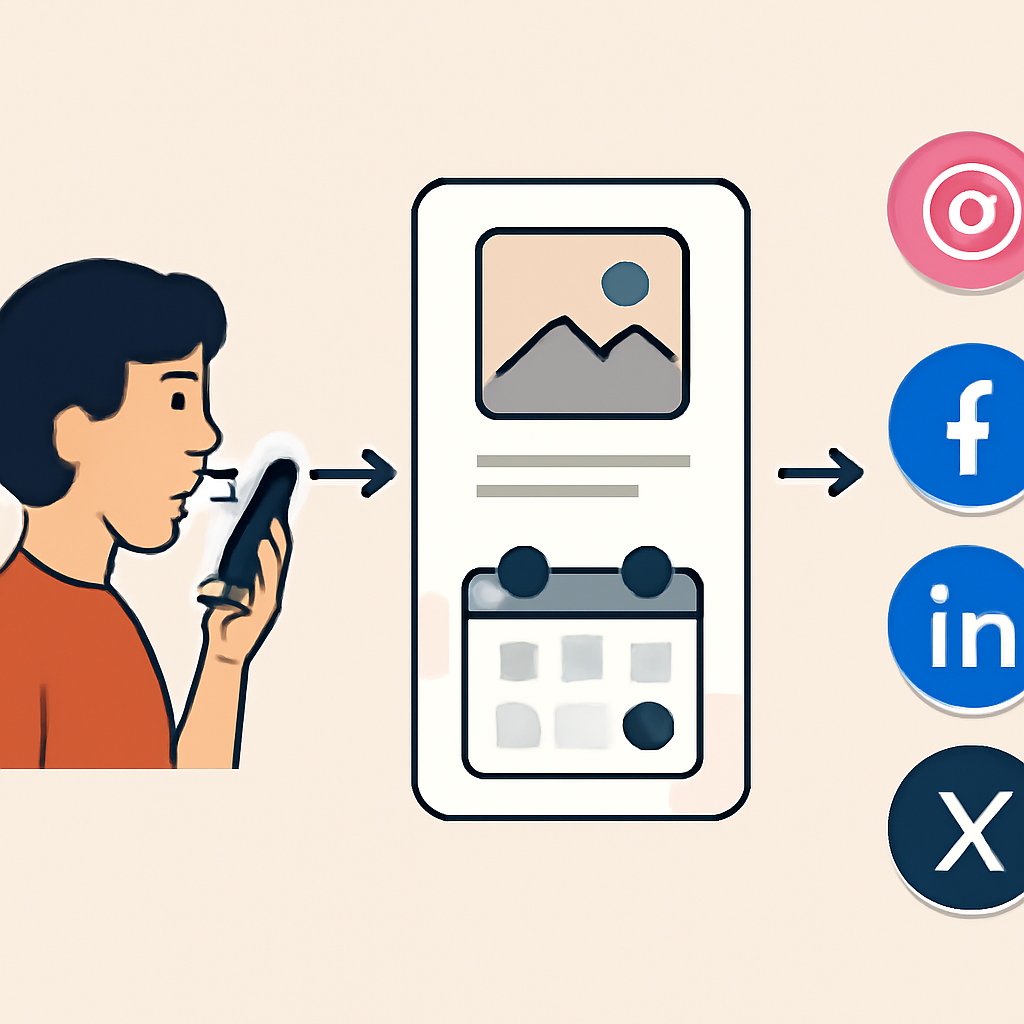 A clean mobile-first workflow illustration showing a person speaking into a phone, with the voice note turning into a social post draft, then scheduling and publishing icons for Instagram, Facebook, LinkedIn, and X; modern flat design, no text labels.