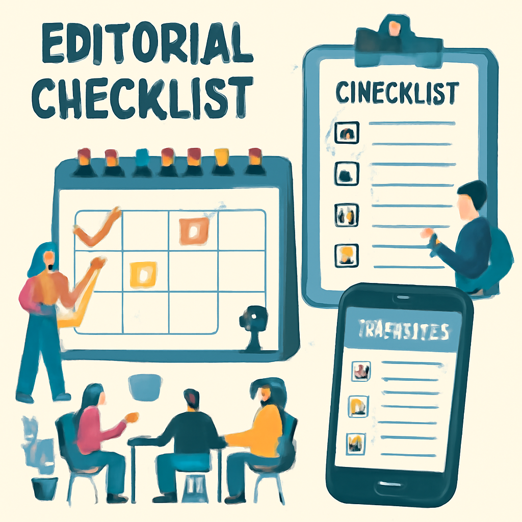 Editorial illustration of a meeting-review checklist with a calendar, room, guest list and phone.
