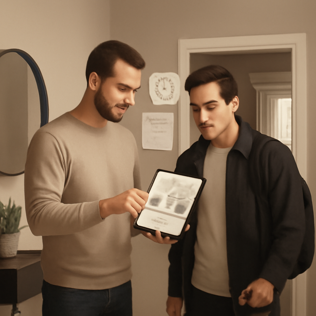 A host and guest reviewing a rental listing on a tablet in an apartment entryway, with house-rule, checkout and calendar icons.