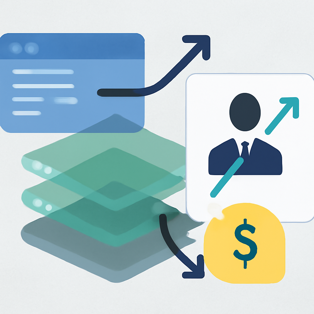 An enterprise technology dashboard with software, infrastructure, consulting and cash-flow indicators represented by abstract shapes and arrows.