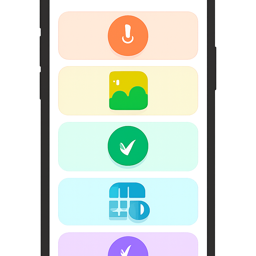 A vertical smartphone dashboard preview for social posting workflow, with voice input, AI draft, approval, schedule, and publish states shown as simple icons; bright, accessible UI style, no text labels.
