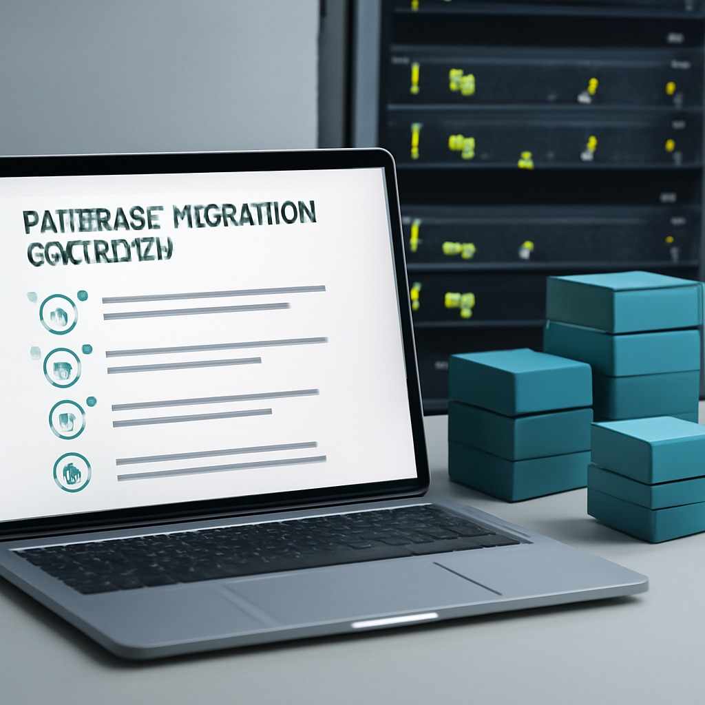 A data engineering workspace with a laptop displaying a database migration checklist, server rack lights and teal-toned blocks representing versioned database files.