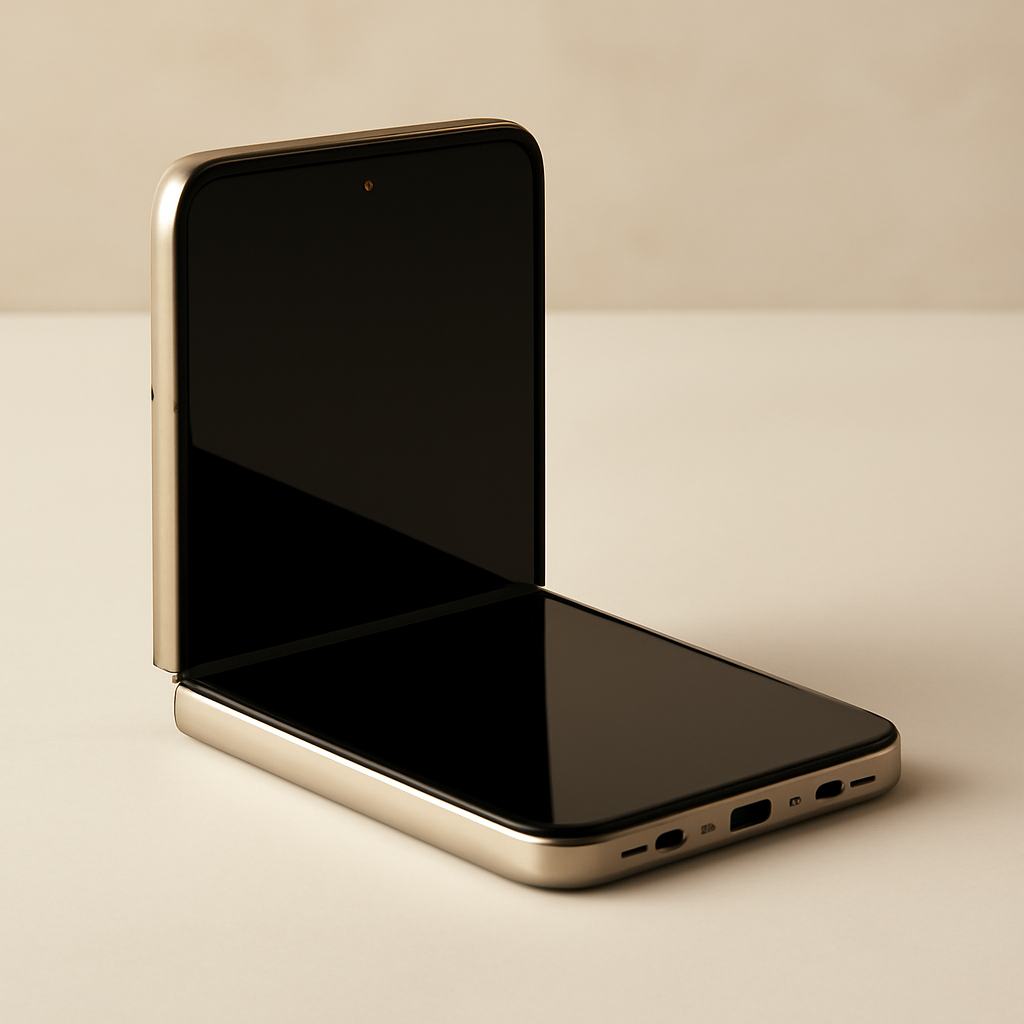 A half-open foldable smartphone on a neutral surface, showing its hinge and dual-screen form.
