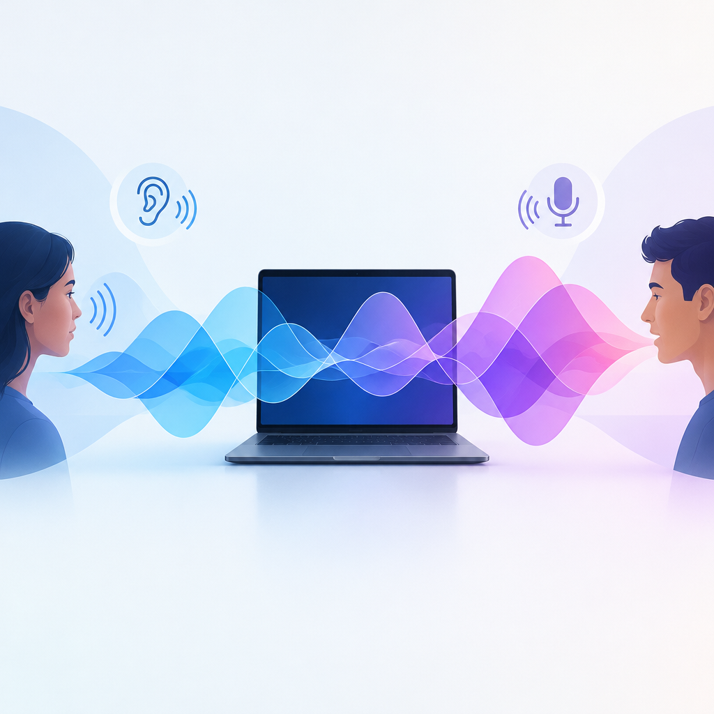 Wide editorial illustration of overlapping speech waveforms around a laptop, with subtle listening and speaking icons, clean modern tech aesthetic, no logos, no on-image text, no fake UI, no product branding