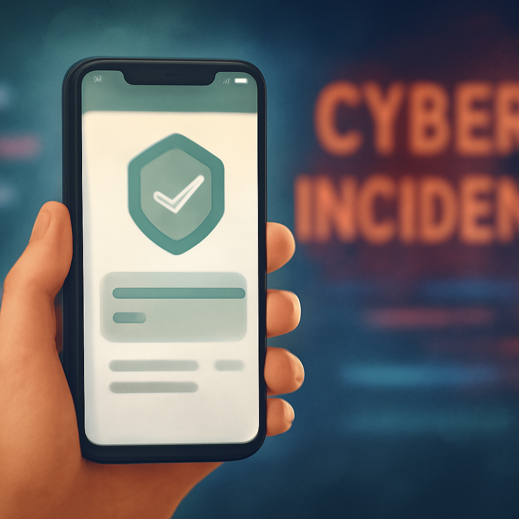 A smartphone displaying a banking app beside a shield icon and a blurred cyber-incident backdrop.