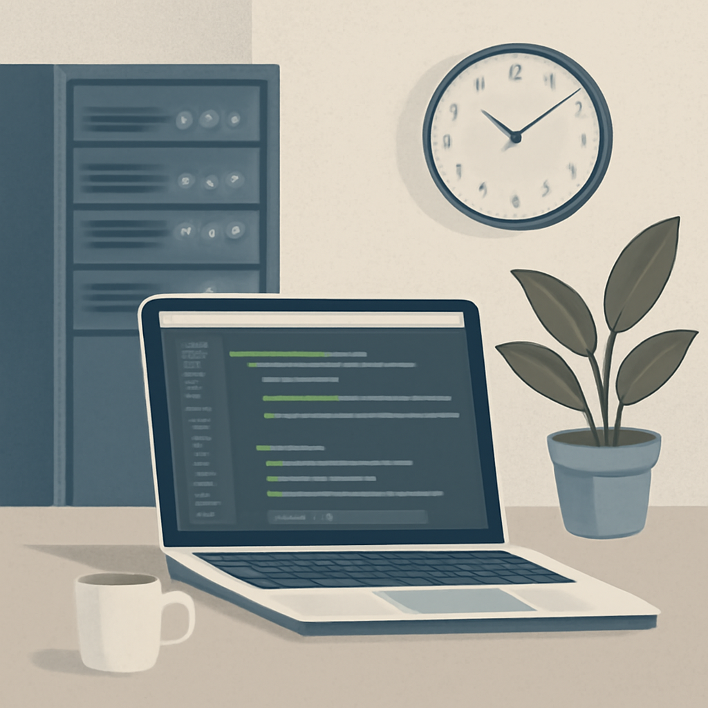 A web operations desk with a laptop showing generic code, a server rack and a clock motif.