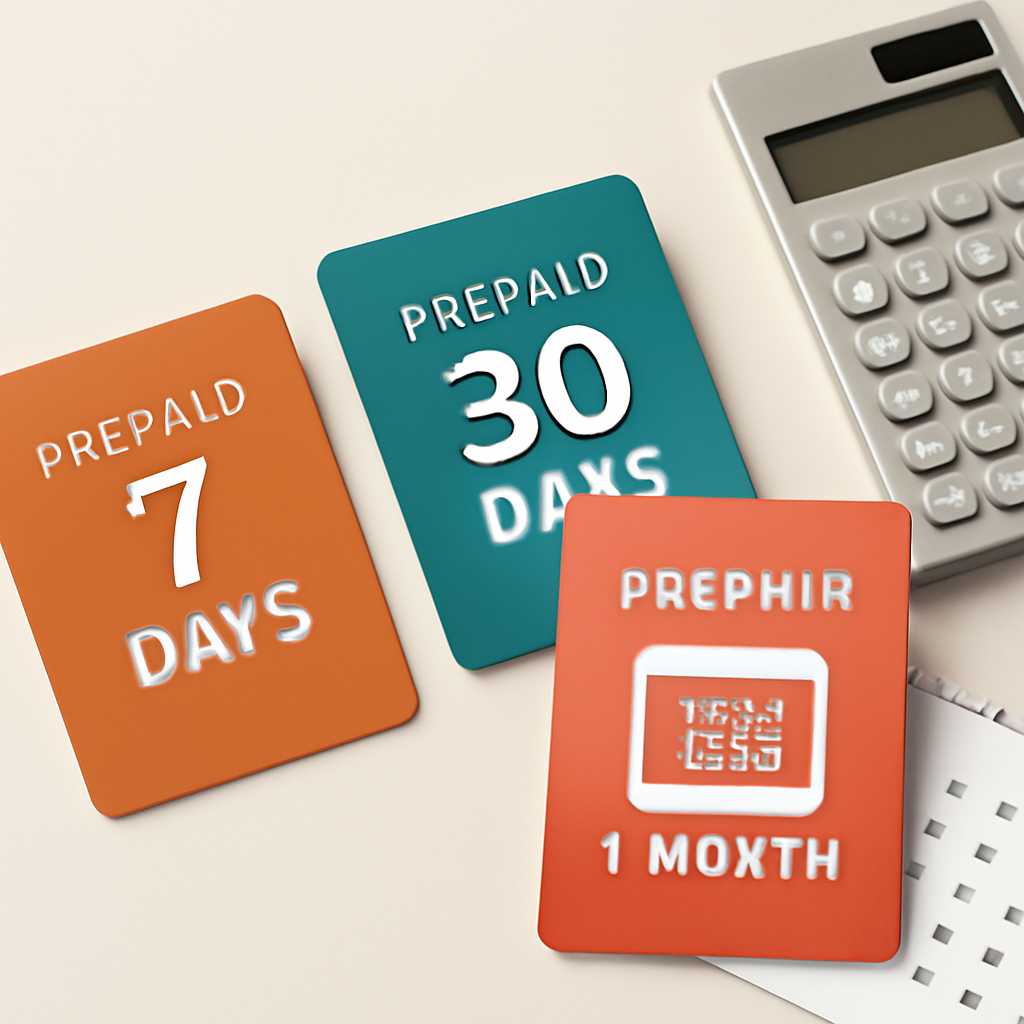 Editorial concept image showing three prepaid recharge cards on a clean desk, one labeled with a day-based offer, one with a 30-day offer, and one with a calendar-month motif, plus a simple calculator and monthly calendar pages, bright neutral lighting, mobile-friendly composition, no text overlays, no logos, no screenshots