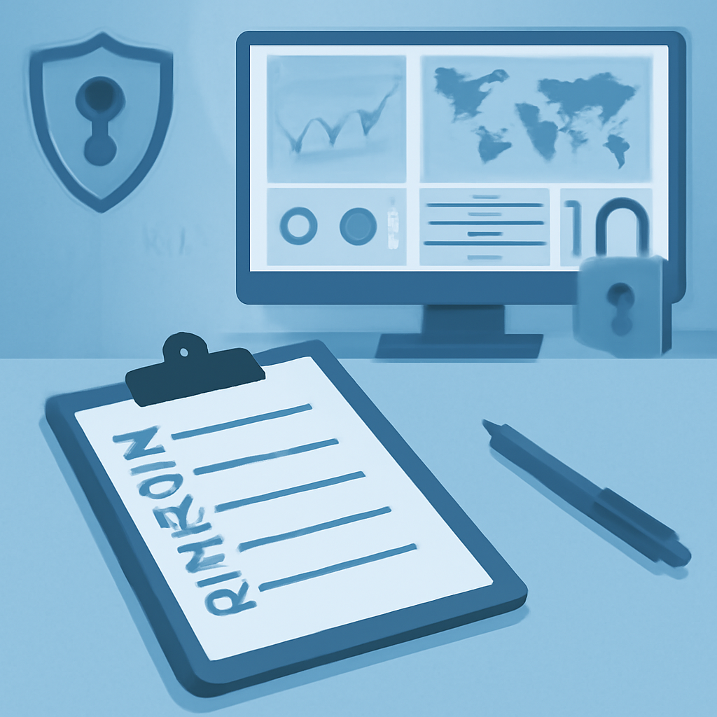 A business security operations scene with a checklist on a desk and a network monitoring dashboard on a wall screen.