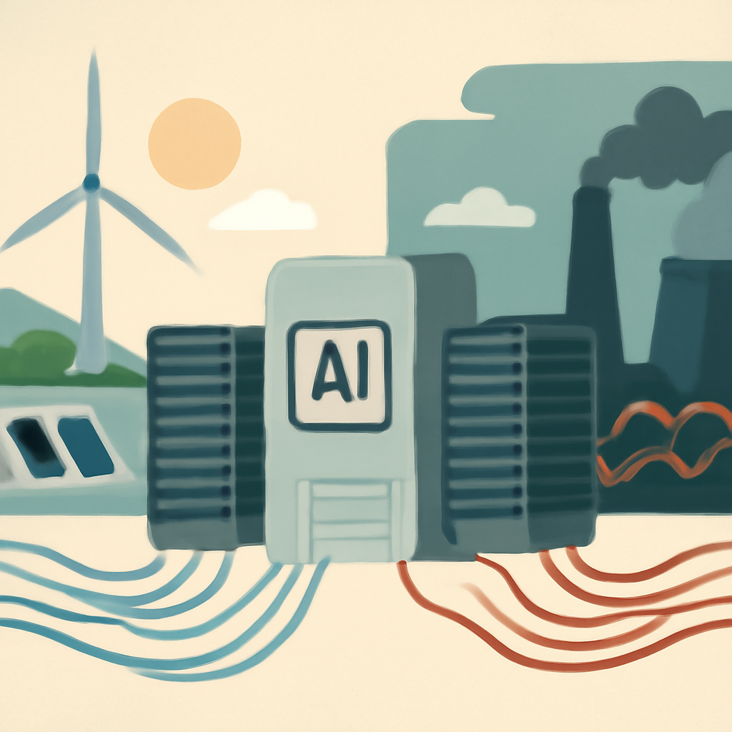 An AI data center with two contrasting power grids side by side, one wind-and-hydro dominated and one fossil-heavy, with subtle cooling systems, servers, and flowing energy lines to show that the same AI request can have different carbon footprints depending on location and infrastructure.