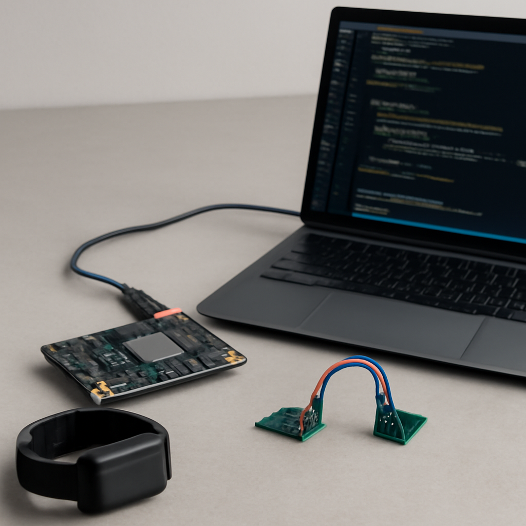 An edge-AI development bench with an embedded board, sensor module, laptop showing code and a wearable device prototype.
